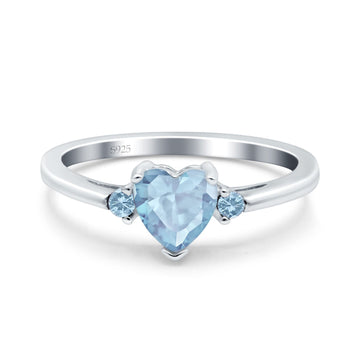 Art Deco Heart Three Stone Wedding Ring Simulated Aquamarine CZ 925 Sterling Silver